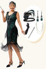 Load image into Gallery viewer, Sparkly Black Green Fringed Short 1920s Dress with 20s Accessories Set