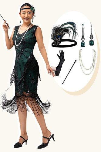 Sparkly Black Green Fringed Short 1920s Dress with 20s Accessories Set