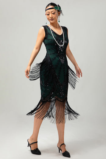 Sparkly Champagne Fringed Bodycon Short 1920s Dress with 20s Accessories Set