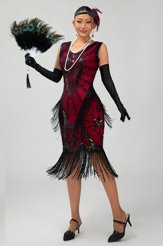Sparkly Black Red Fringed Short 1920s Dress with 20s Accessories Set