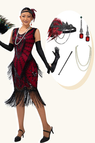 Sparkly Black Red Fringed Short 1920s Dress with 20s Accessories Set