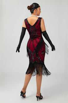 Sparkly Black Red Fringed Short 1920s Dress with 20s Accessories Set
