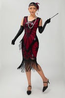 Load image into Gallery viewer, Sparkly Black Red Fringed Short 1920s Dress with 20s Accessories Set