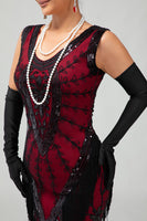 Load image into Gallery viewer, Sparkly Black Red Fringed Short 1920s Dress with 20s Accessories Set