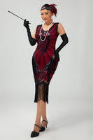 Load image into Gallery viewer, Sparkly Black Red Fringed Short 1920s Dress with 20s Accessories Set
