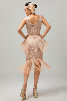 Sparkly Champagne Fringed Bodycon Short 1920s Dress with 20s Accessories Set