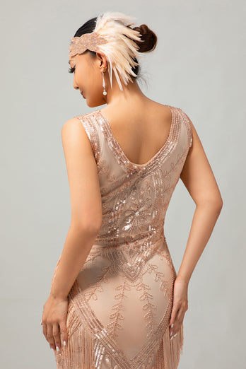Sparkly Champagne Fringed Bodycon Short 1920s Dress with 20s Accessories Set