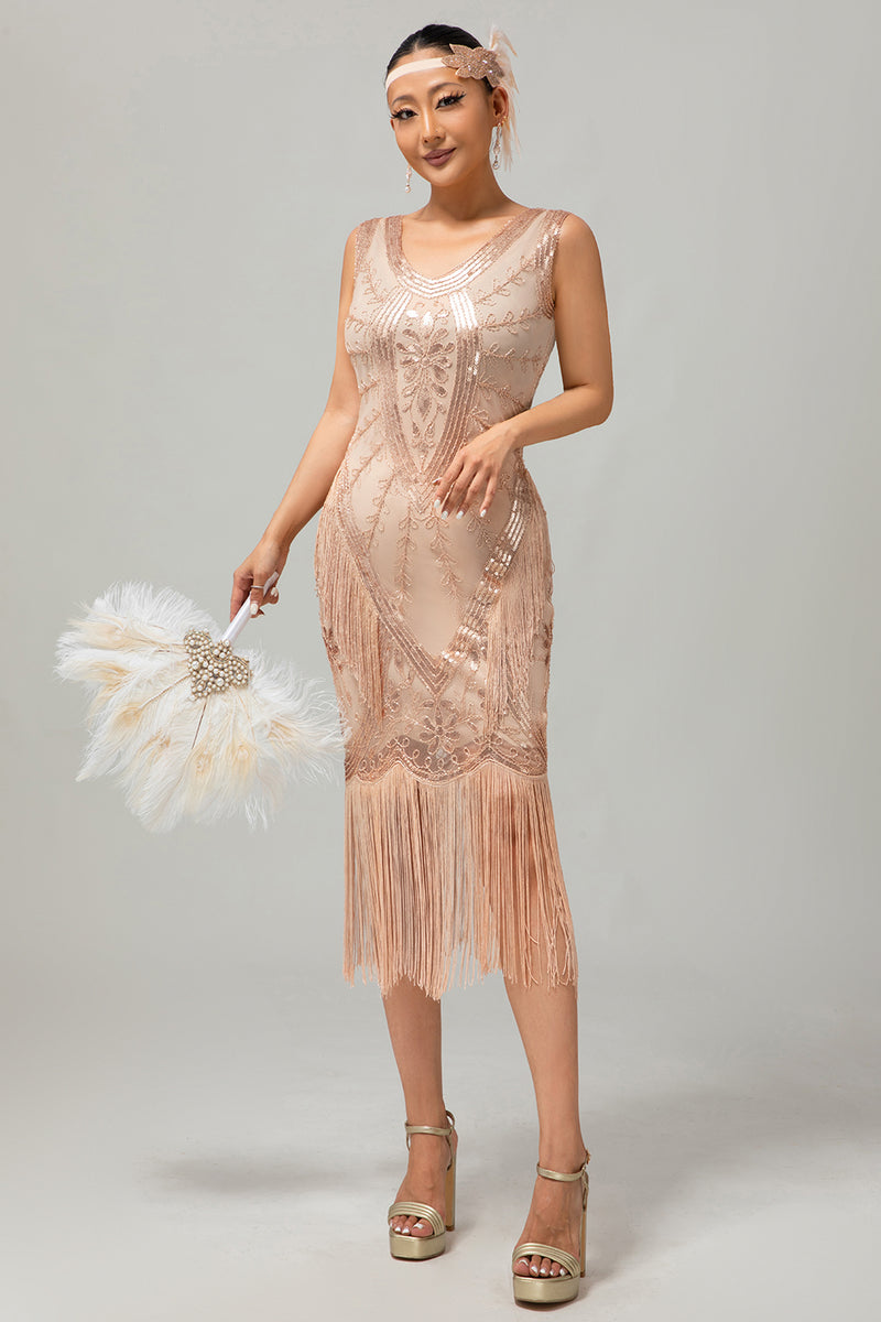 Load image into Gallery viewer, Sparkly Champagne Fringed Bodycon Short 1920s Dress with 20s Accessories Set