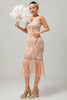 Load image into Gallery viewer, Sparkly Champagne Fringed Bodycon Short 1920s Dress with 20s Accessories Set
