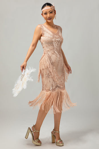 Sparkly Champagne Fringed Bodycon Short 1920s Dress with 20s Accessories Set
