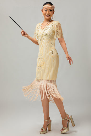 Sparkly Black Blue Sequins Short Sleeves 1920s Dress with Fringes