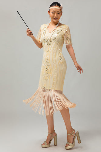 Sparkly Apricot Sequins Short Sleeves 1920s Dress with Fringes