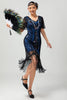 Load image into Gallery viewer, Sparkly Black Blue Sequins Short Sleeves 1920s Dress with Fringes