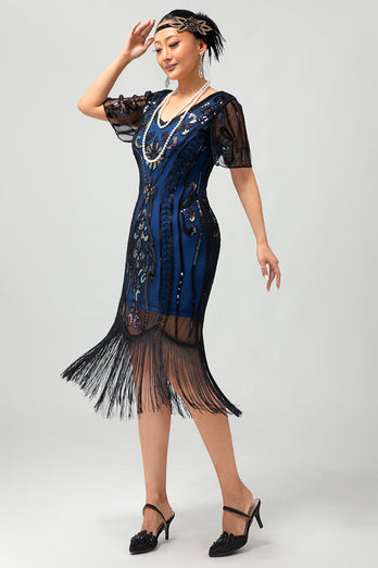 Sparkly Black Blue Sequins Short Sleeves 1920s Dress with Fringes