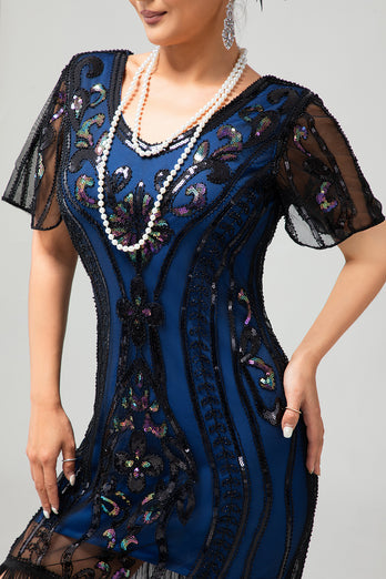 Sparkly Black Blue Sequins Short Sleeves 1920s Dress with Fringes