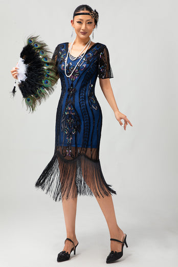 Sparkly Black Blue Sequins Short Sleeves 1920s Dress with Fringes