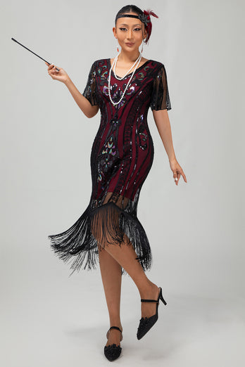 Sparkly Black Burgundy Fringed Short Sleeves 1920s Dress with Sequins