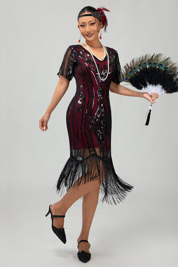 Sparkly Black Burgundy Fringed Short Sleeves 1920s Dress with Sequins