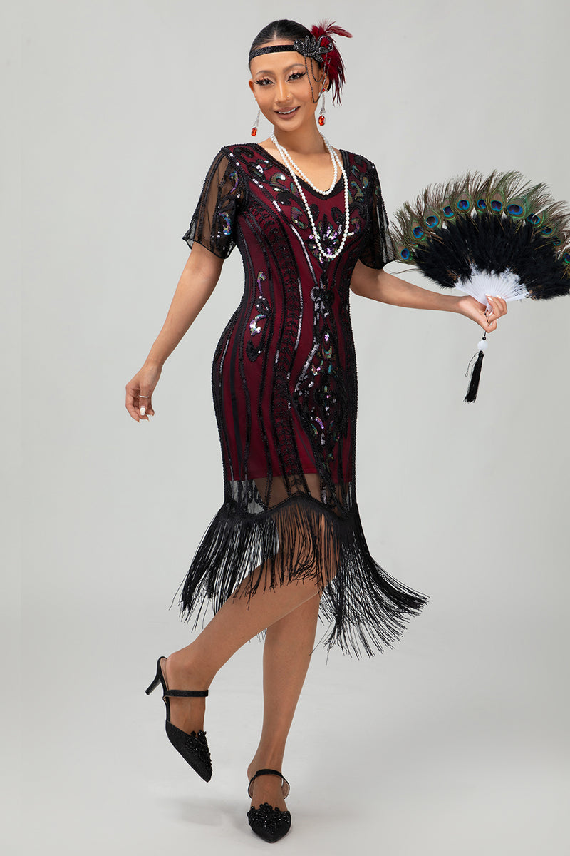 Load image into Gallery viewer, Sparkly Black Burgundy Fringed Short Sleeves 1920s Dress with Sequins