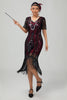 Load image into Gallery viewer, Sparkly Black Burgundy Fringed Short Sleeves 1920s Dress with Sequins