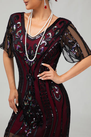 Sparkly Black Burgundy Fringed Short Sleeves 1920s Dress with Sequins