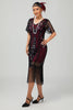 Load image into Gallery viewer, Sparkly Black Burgundy Fringed Short Sleeves 1920s Dress with Sequins