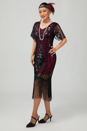 Sparkly Black Burgundy Fringed Short Sleeves 1920s Dress with Sequins