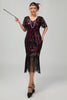 Load image into Gallery viewer, Sparkly Black Burgundy Fringed Short Sleeves 1920s Dress with Sequins