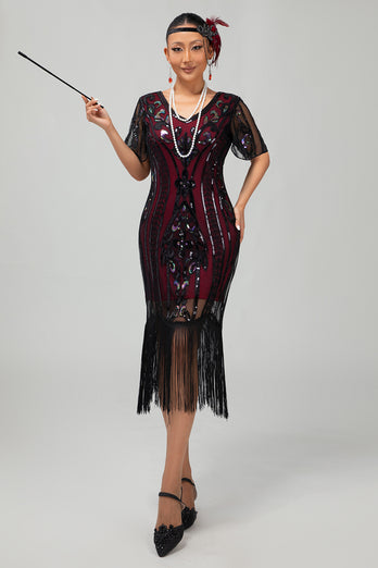 Sparkly Black Burgundy Fringed Short Sleeves 1920s Dress with Sequins