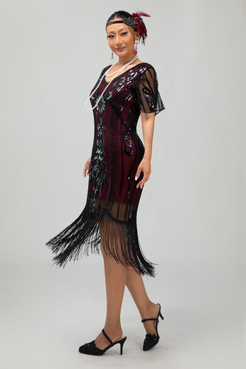 Sparkly Black Burgundy Fringed Short Sleeves 1920s Dress with Sequins