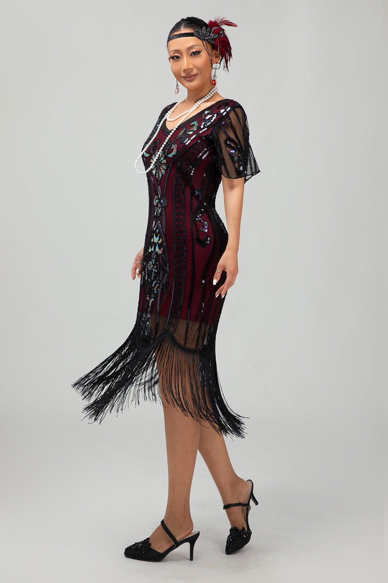 Load image into Gallery viewer, Sparkly Black Burgundy Fringed Short Sleeves 1920s Dress with Sequins