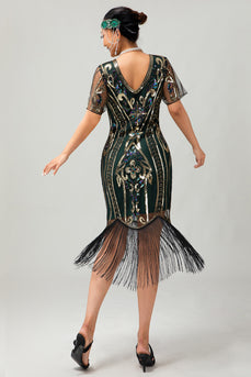 Sparkly Dark Green Fringed Bodycon Short 1920s Dress with Sleeves