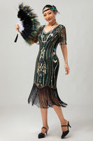 Load image into Gallery viewer, Sparkly Apricot Sequins Short Sleeves 1920s Dress with Fringes