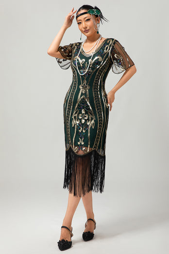 Sparkly Black Blue Sequins Short Sleeves 1920s Dress with Fringes
