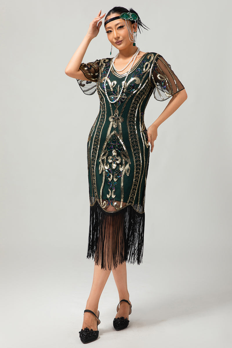 Load image into Gallery viewer, Sparkly Black Blue Sequins Short Sleeves 1920s Dress with Fringes