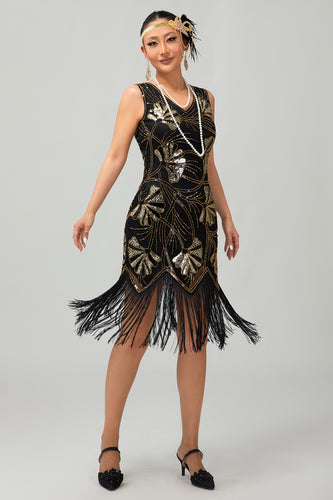 Sparkly Black Golden Sequins Fringed Flapper Dress with Beading