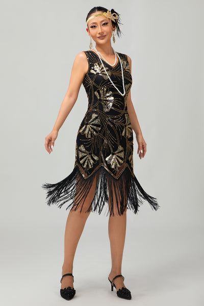 Sparkly Black Golden Sequins Fringed Flapper Dress with Beading