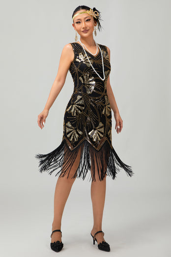 Sparkly Black Golden Sequins Fringed Flapper Dress with Beading