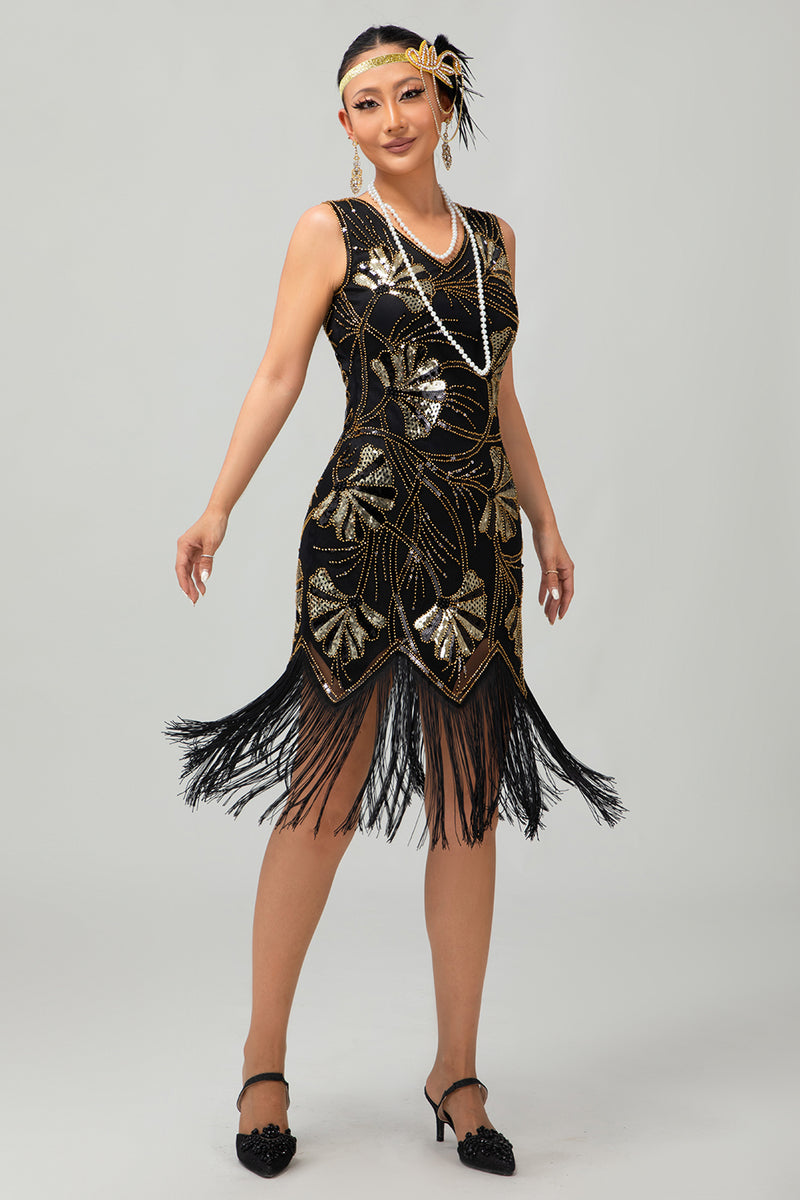 Load image into Gallery viewer, Sparkly Black Golden Sequins Fringed Flapper Dress with Beading