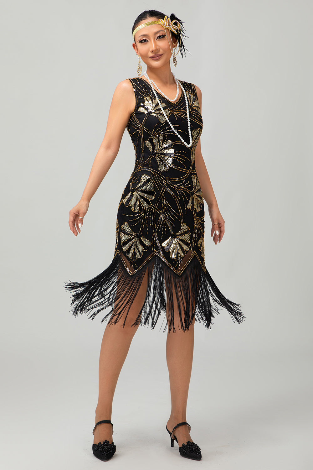 Sparkly Black Golden Sequins Fringed Flapper Dress with Beading