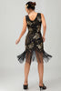 Load image into Gallery viewer, Sparkly Black Golden Sequins Fringed Flapper Dress with Beading
