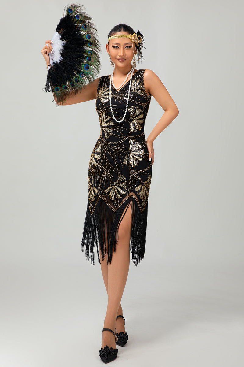 Load image into Gallery viewer, Sparkly Black Golden Sequins Fringed Flapper Dress with Beading