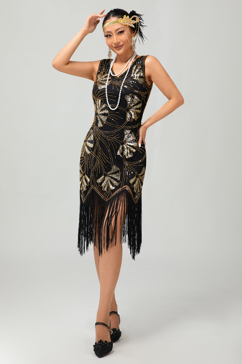 Load image into Gallery viewer, Sparkly Black Golden Sequins Fringed Flapper Dress with Beading