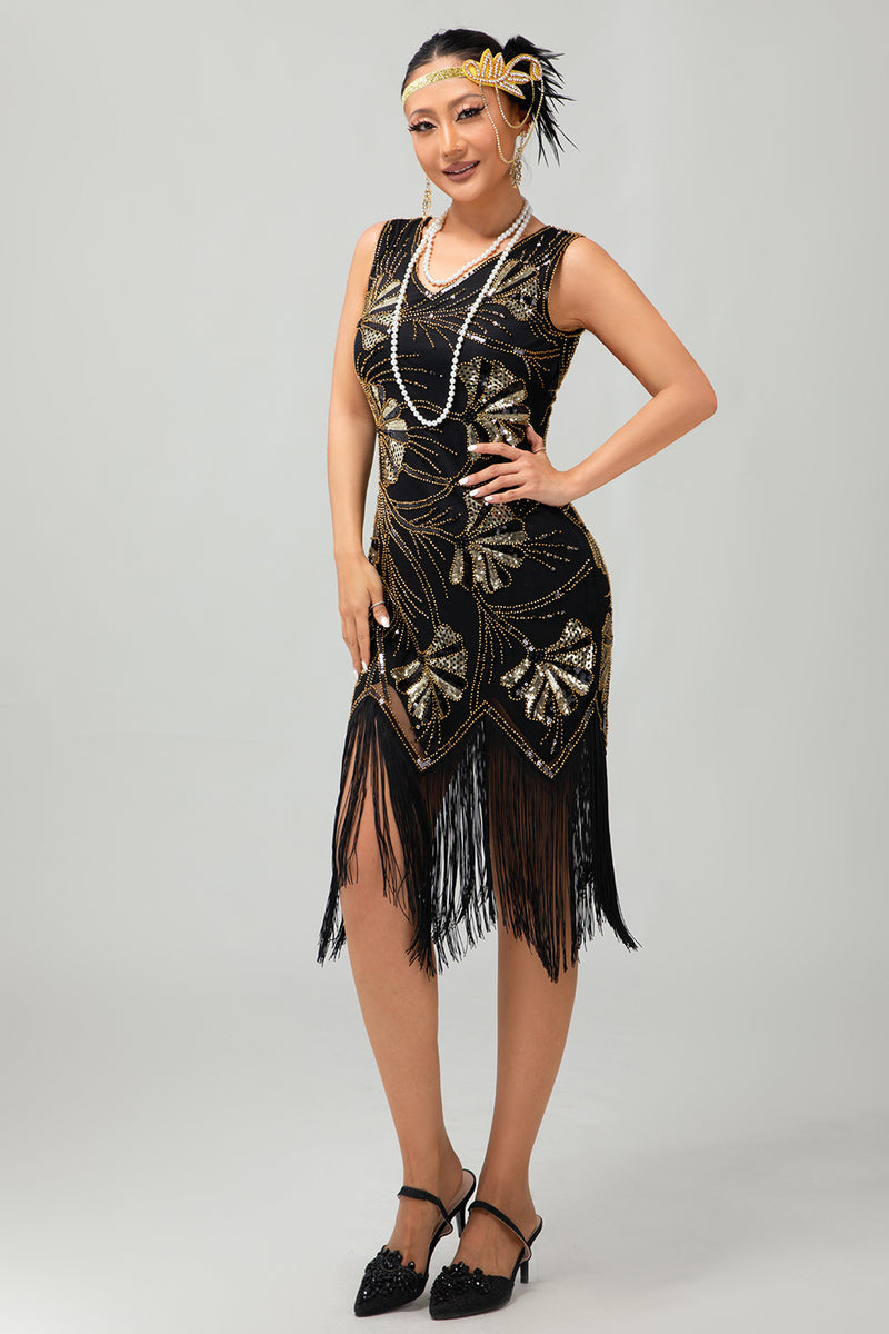 Load image into Gallery viewer, Sparkly Black Golden Sequins Fringed Flapper Dress with Beading