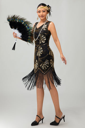 Sparkly Black Golden Sequins Fringed Flapper Dress with Beading