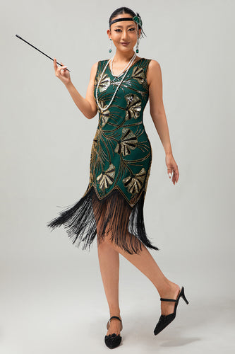 Sparkly Green Golden Fringed Bodycon Short 1920s Dress with Sequins