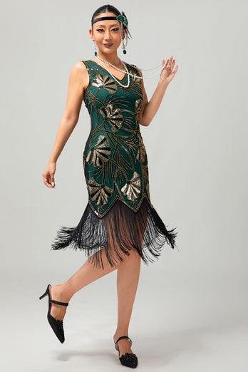Sparkly Green Golden Fringed Bodycon Short 1920s Dress with Sequins