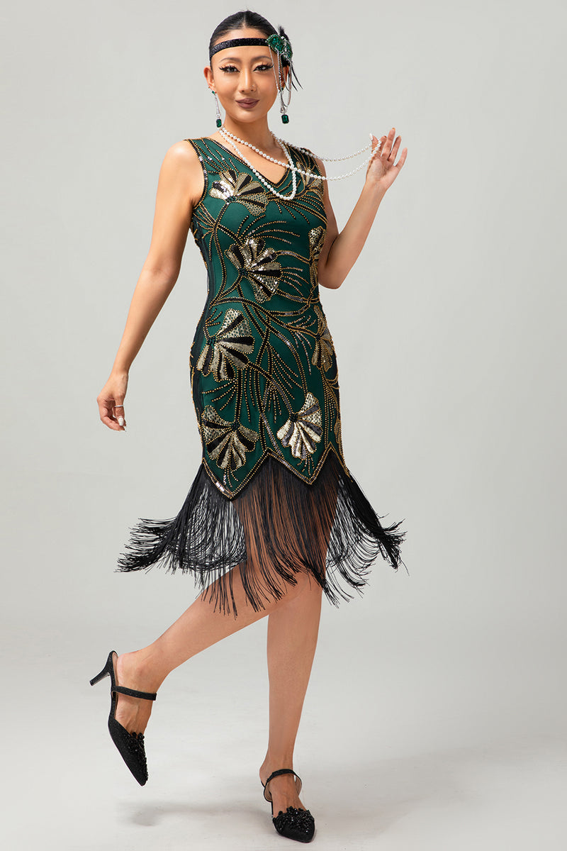 Load image into Gallery viewer, Sparkly Green Golden Fringed Bodycon Short 1920s Dress with Sequins