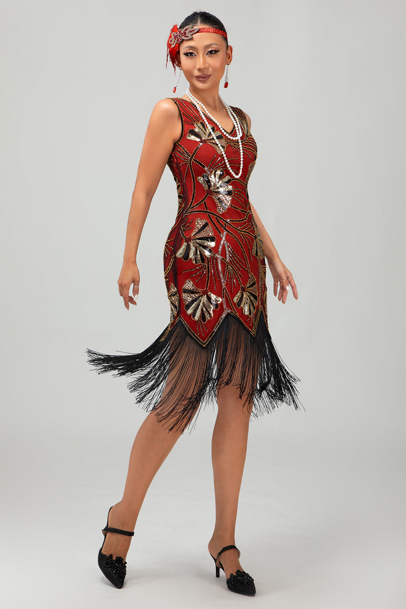 Load image into Gallery viewer, Sparkly Black Golden Sequins Fringed Flapper Dress with Beading