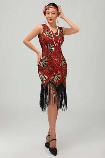 Sparkly Black Golden Sequins Fringed Flapper Dress with Beading